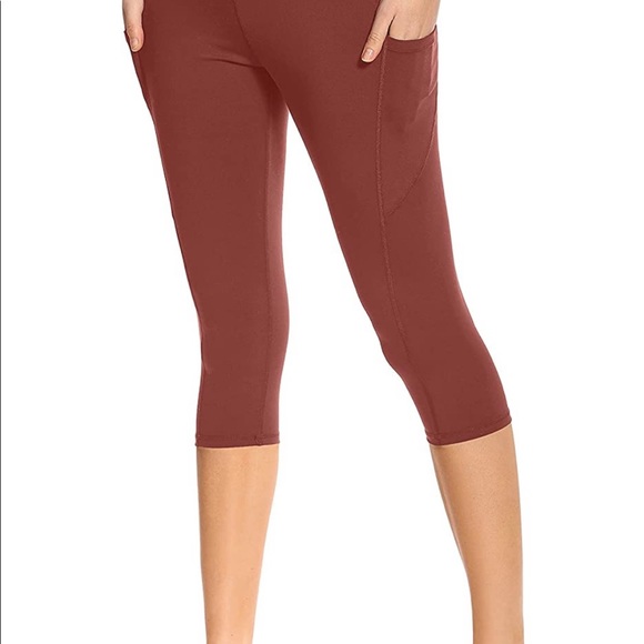 Salmon Rose Red Yoga Pants w/ Pockets, Leggings for High Waist & Tummy Control - Picture 2 of 4